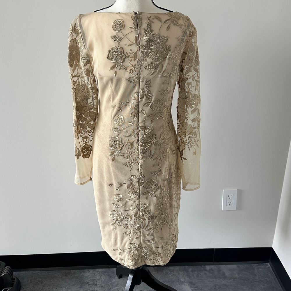 David Meister Champagne Beaded Floral Long-Sleeve Dress Size 6 - Picture 7 of 13